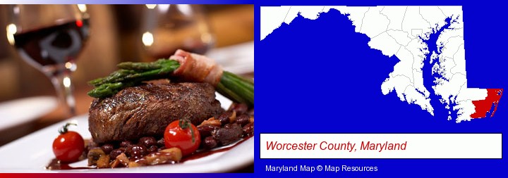 a steak dinner; Worcester County, Maryland highlighted in red on a map