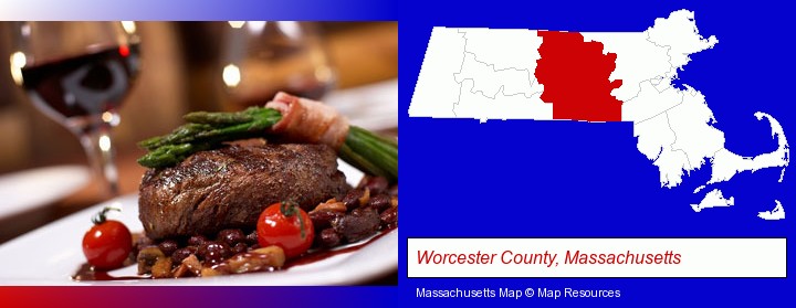 a steak dinner; Worcester County, Massachusetts highlighted in red on a map