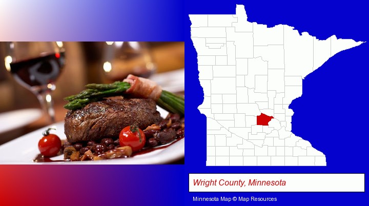 a steak dinner; Wright County, Minnesota highlighted in red on a map