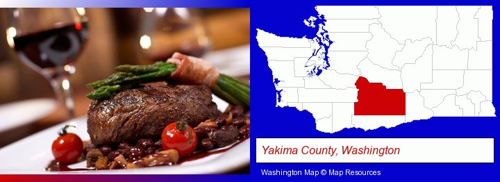 a steak dinner; Yakima County, Washington highlighted in red on a map
