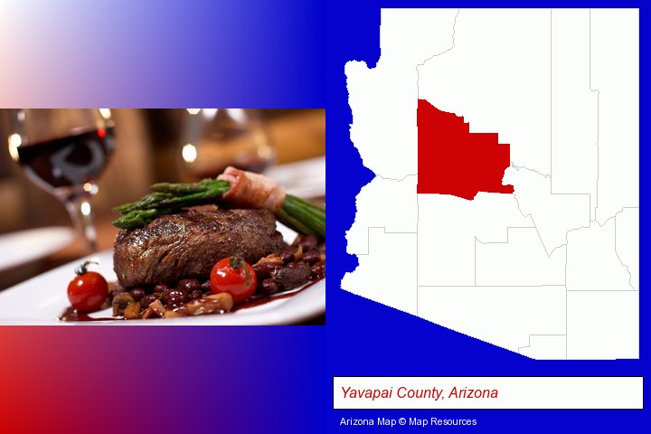 a steak dinner; Yavapai County, Arizona highlighted in red on a map