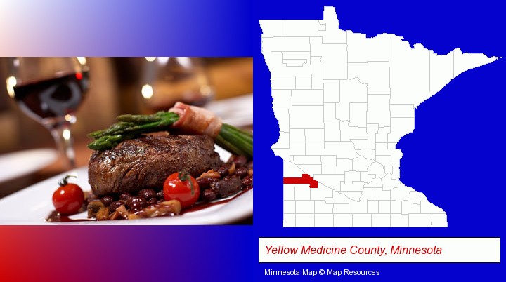 a steak dinner; Yellow Medicine County, Minnesota highlighted in red on a map