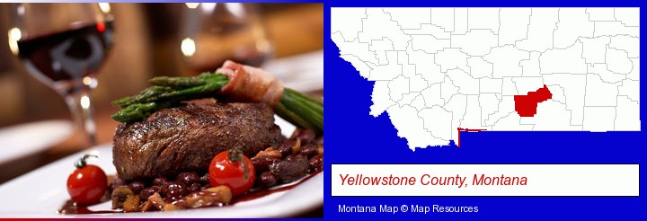 a steak dinner; Yellowstone County, Montana highlighted in red on a map