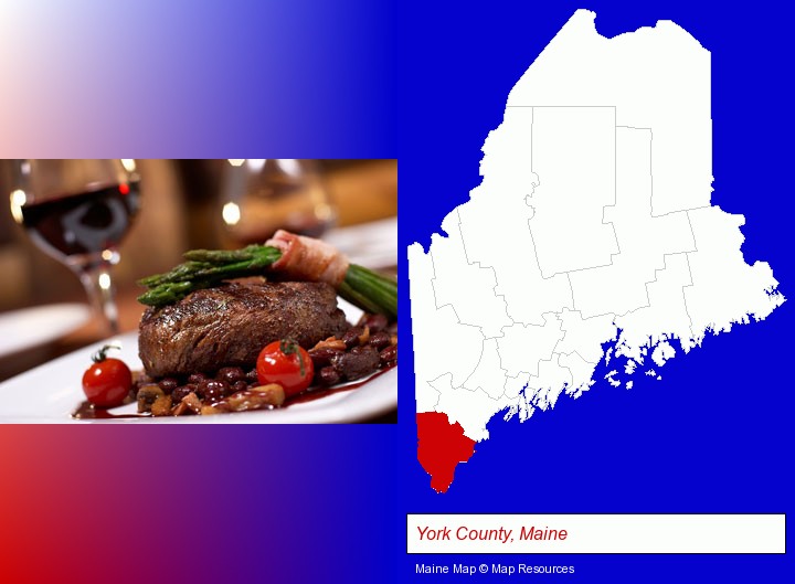 a steak dinner; York County, Maine highlighted in red on a map