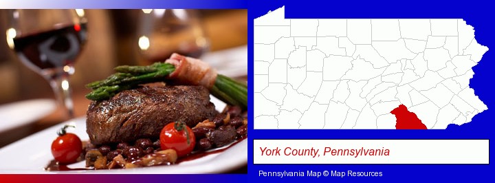 a steak dinner; York County, Pennsylvania highlighted in red on a map