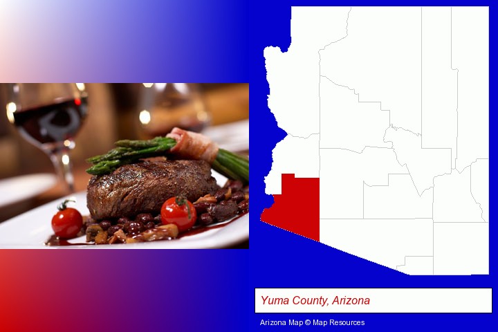 a steak dinner; Yuma County, Arizona highlighted in red on a map