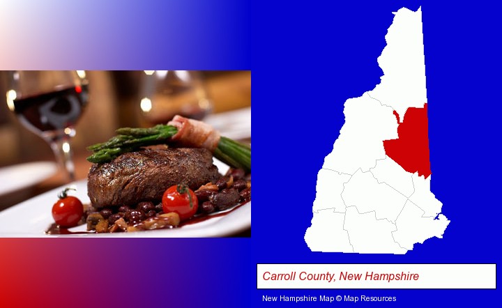 a steak dinner; Carroll County, New Hampshire highlighted in red on a map