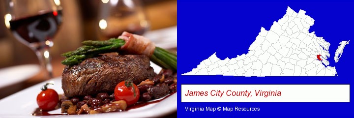 a steak dinner; James City County, Virginia highlighted in red on a map