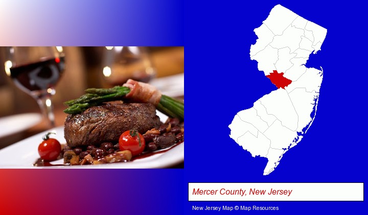 a steak dinner; Mercer County, New Jersey highlighted in red on a map