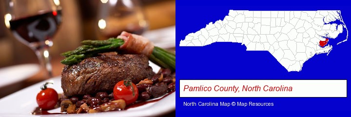 a steak dinner; Pamlico County, North Carolina highlighted in red on a map