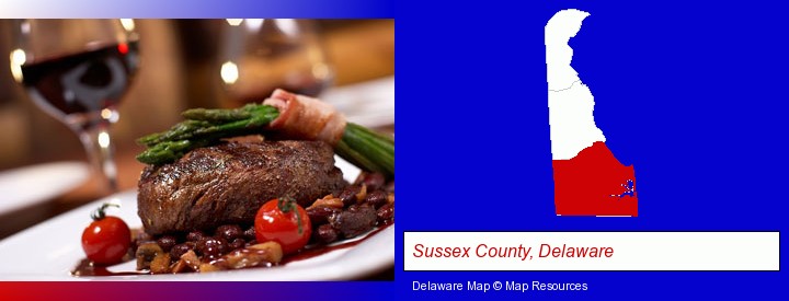 a steak dinner; Sussex County, Delaware highlighted in red on a map