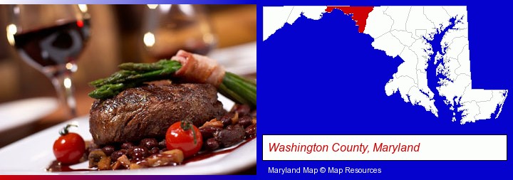 a steak dinner; Washington County, Maryland highlighted in red on a map