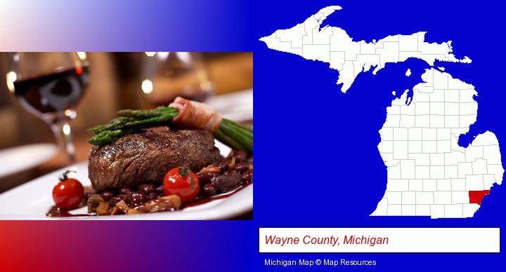 a steak dinner; Wayne County, Michigan highlighted in red on a map